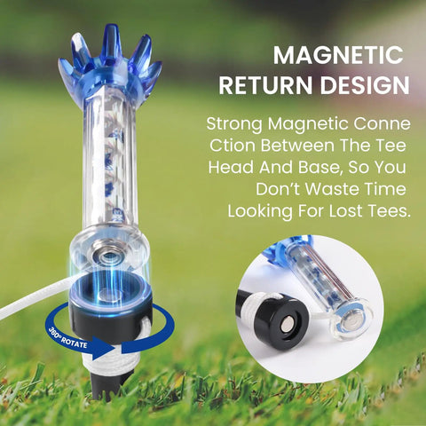 Close-up of blue Magnetic Golf Tees 80 mm Long Unbreakable Plastic showcasing magnetic connection design on grass.