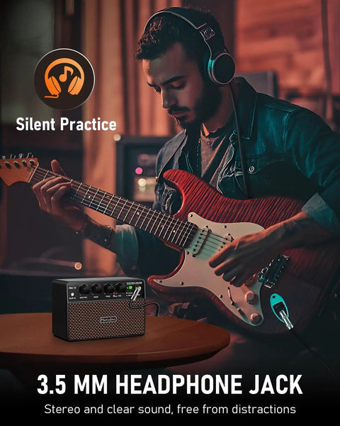 Musician using Compact 10W Guitar Amp With Clean And Drive Channel USB C Rechargeable Wireless Portable Practice Amp