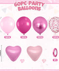 60 Piece Hot Pink Balloon Set With Heart Latex Balloons Confetti Balloons And Ribbon Party Ready Decor for Princess Birthdays layout