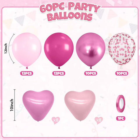 60 Piece Hot Pink Balloon Set With Heart Latex Balloons Confetti Balloons And Ribbon Party Ready Decor for Princess Birthdays layout