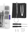 Ultimate Eyeglass Repair Kit Featuring Replaceable Nose Pads And Micro Screwdriver With Assorted Glasses Screws Compact Tool arranged in a clear case.