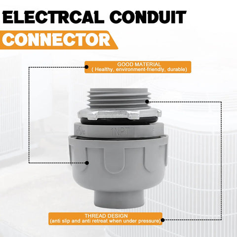 1 Inch Liquid Tight PVC Conduit Connector Pack Straight To 180 Degree Non-Metallic Electrical Fittings UL Listed For Flexible Conduit Weatherproof Wire Guard 24 Pack gray threaded PVC conduit connector close-up