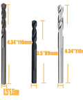 10 Piece Quarter Inch Pilot Drill Bit Set For Hole Saw Arbor High Speed Steel And Carbide Tipped Heavy Duty Multi Material Bits Crushes Hard Tasks Like A Champ - Three drill bits showing lengths and sizes.