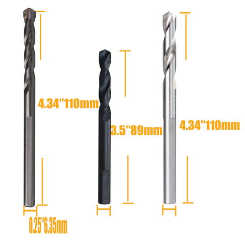10 Piece Quarter Inch Pilot Drill Bit Set For Hole Saw Arbor High Speed Steel And Carbide Tipped Heavy Duty Multi Material Bits Crushes Hard Tasks Like A Champ - Three drill bits showing lengths and sizes.