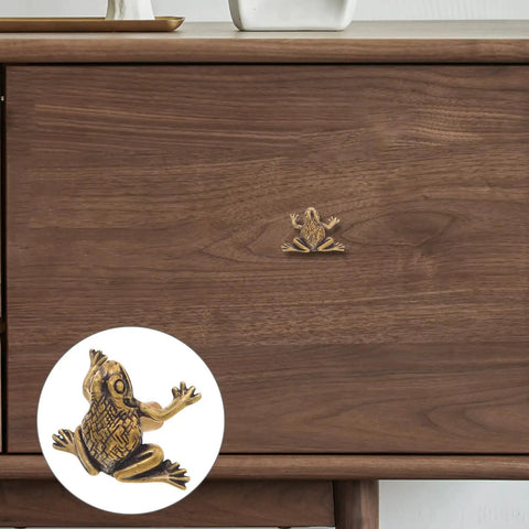 Vintage Brass Frog Cabinet Knob With Lucky Toad Motif Antique Chinese Door Handle on wooden dresser