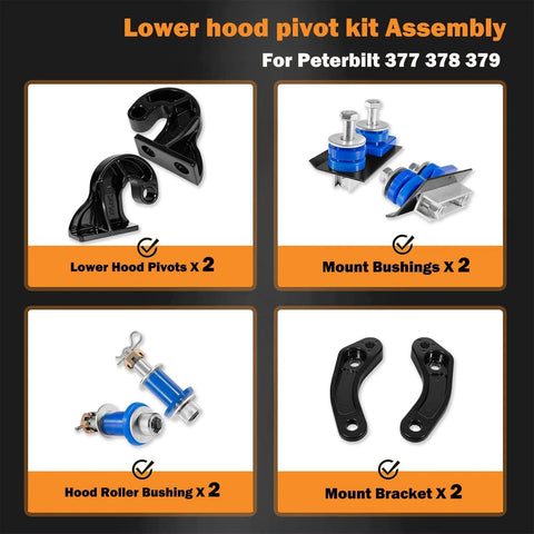Lower Hood Pivot Kit With Hinge Bolts And Bushing Bracket For 377 378 379 Trucks Replacement Includes 13-04708R components