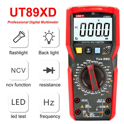True RMS 6000 Count Digital Multimeter With 1000V AC DC 20A AC DC Range NCV Live Wire Detection LED Display with red casing and dial