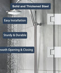 Heavy Lifting Shower Door Hinge With A Zero Friction 180 Degree Sweep Designed From Bulletproof 304 Steel and Clad In A Sharp Brushed Nickel Look for Frameless Glass Showers.