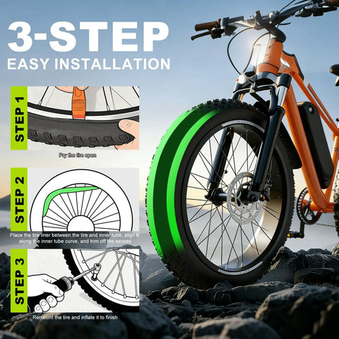 3-step installation of 2 Pack Fat Tire Liners For Fat Bikes And E Bike Tires 110mm Wide TPU Puncture Proof Inserts No Flats Tube Protectors