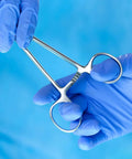 Two Pack 5 Inch Stainless Steel Fishing Forceps Set With Curved And Straight Hemostats, Serrated Jaws, in gloved hands