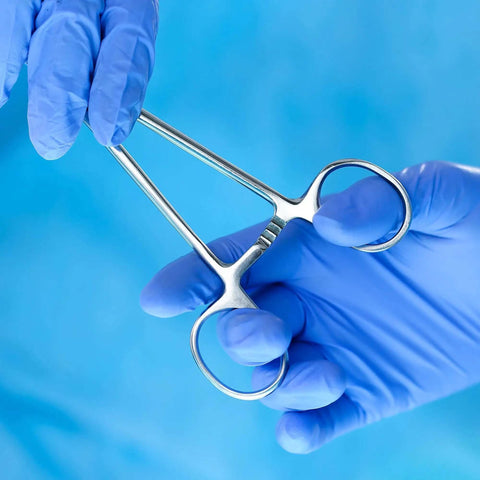 Two Pack 5 Inch Stainless Steel Fishing Forceps Set With Curved And Straight Hemostats, Serrated Jaws, in gloved hands