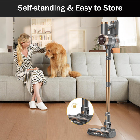 Cordless Vacuum Cleaner 10-In-1 Lightweight Stick With 45-Minute Runtime, Gold Edition displayed next to a sofa on hardwood floor