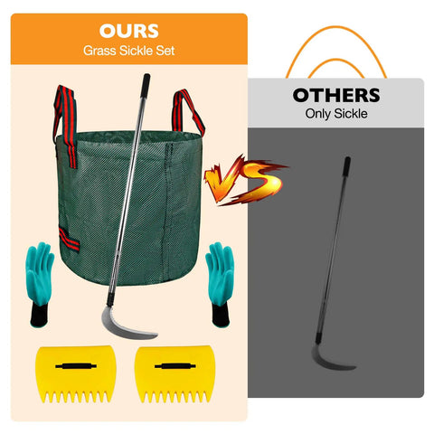Comparison of a Long Reach Weeding Tool Set With Serrated Double Edged Blade, Stand Up Weeding Tool, and accessories beside a single sickle.