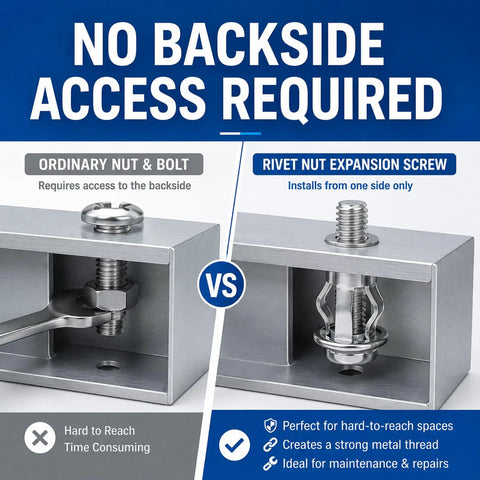 Comparison of ordinary nut & bolt versus rivet nut expansion screw for automotive repairs and furniture assembly.