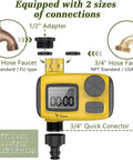 Outdoor Sprinkler Timer For Garden Irrigation With Rain Delay And Manual Watering featuring hose adapter sizes and connections