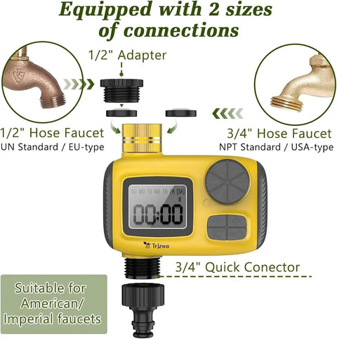 Outdoor Sprinkler Timer For Garden Irrigation With Rain Delay And Manual Watering featuring hose adapter sizes and connections