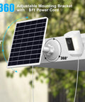 Heavy Duty 9W Solar Panel With Built In 15600 Mah Battery Reserve Set Up For Wireless Security Cameras And Outdoor Gear Featuring Ip66 Weatherproof Build And Five Foot Three In One Charging Cable For No Sweat Off Grid Power Anywhere, showing adjustable 360-degree bracket.