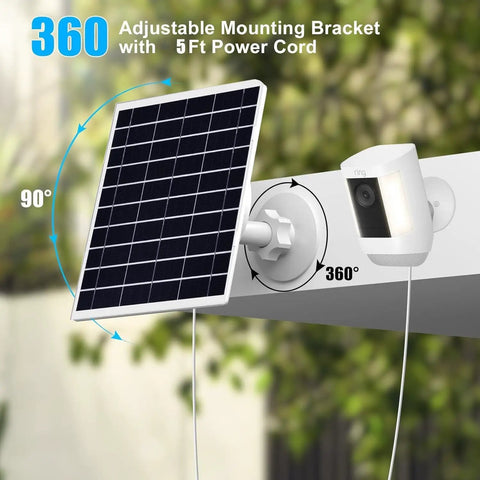 Heavy Duty 9W Solar Panel With Built In 15600 Mah Battery Reserve Set Up For Wireless Security Cameras And Outdoor Gear Featuring Ip66 Weatherproof Build And Five Foot Three In One Charging Cable For No Sweat Off Grid Power Anywhere, showing adjustable 360-degree bracket.