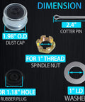 Dimensions of Two Set Trailer Nut Kit For 1 Inch Spindle Shafts With Castle Nuts Washers Cotter Pins Dust Caps And Rubber Plugs