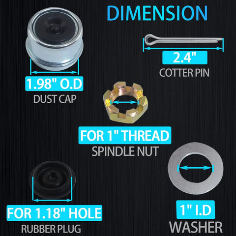 Dimensions of Two Set Trailer Nut Kit For 1 Inch Spindle Shafts With Castle Nuts Washers Cotter Pins Dust Caps And Rubber Plugs