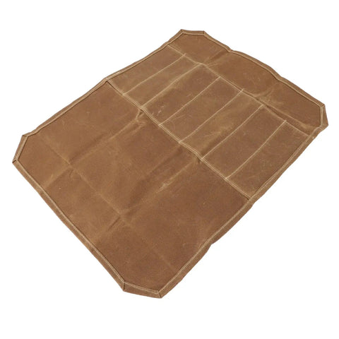 Khaki Waxed Canvas Go-To Chef Knife Roll Bag For Camping And Travel Durable Water Resistant Knife Carrier Laid Flat Showing Slots