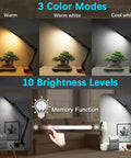 5X Magnifying Glass With Light For Crafts And Hobbies, 3 color modes, desk lamp clamp showing brightness levels and memory function
