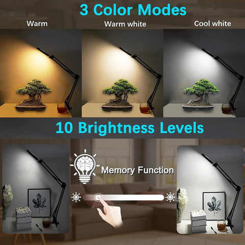 5X Magnifying Glass With Light For Crafts And Hobbies, 3 color modes, desk lamp clamp showing brightness levels and memory function