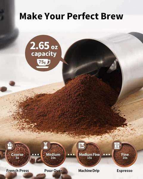Ground coffee from One Touch Coffee And Spice Grinder With Removable Stainless Steel Cup For Coffee Beans Spices And Seeds Quiet Electric Dry Grinder Easy One Hand Operation Low Noise About 60 dB Black.