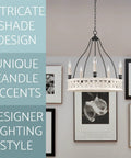 Five Light Open French Country Chandelier With 25 Inch Reach In Antique White And Black Finish Lightly Distressed Rustic Farmhouse Vibe Pendant Fixture With Curved Arms And Drip Style Candelabra Sockets For Dining Room Or Living Space against framed art.