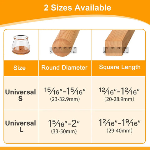 Size chart for Thirty Six Pack Chair Leg Floor Protectors For Hardwood Floors showing universal S and L sizes for round and square legs.