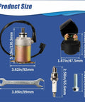 GY6 Starter Motor And Relay Solenoid For 50cc 150cc 200cc 250cc ATVs with measurements and additional parts displayed