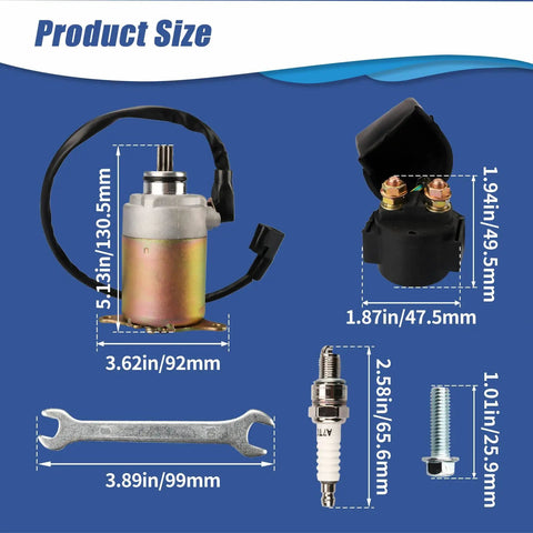 GY6 Starter Motor And Relay Solenoid For 50cc 150cc 200cc 250cc ATVs with measurements and additional parts displayed