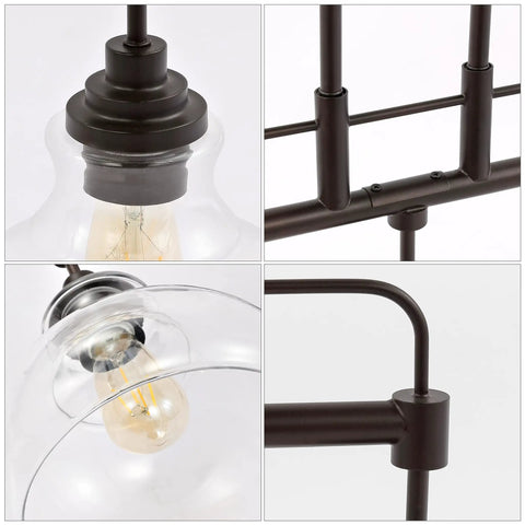 Close-up details showing the Oil Rubbed Bronze 3 Light Linear Pendant With Iron And Glass, Farmhouse Industrial Kitchen Island Light.