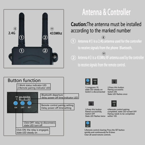 Smart Wireless Relay Switch With Bluetooth And 12V DC Power 433MHz RF And 2 4G Connectivity controller with antennas and buttons