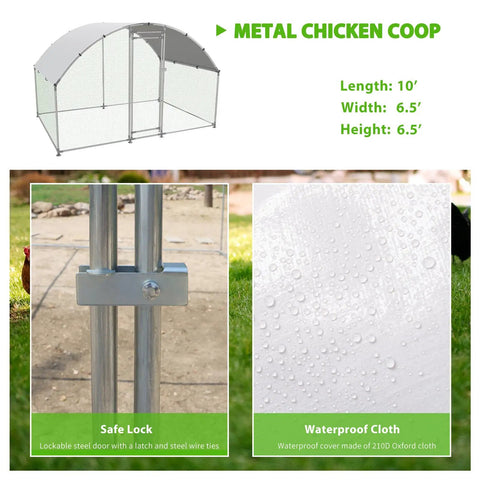 Sturdy Large Walk In Metal Chicken Coop With Water Resistant Roof And Anti UV Cover showing dimensions and lock detail