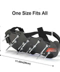 One Size Fits All Lawn Aerator Shoes With Heavy Duty Spikes And Velcro Straps shown in side view with dimensions