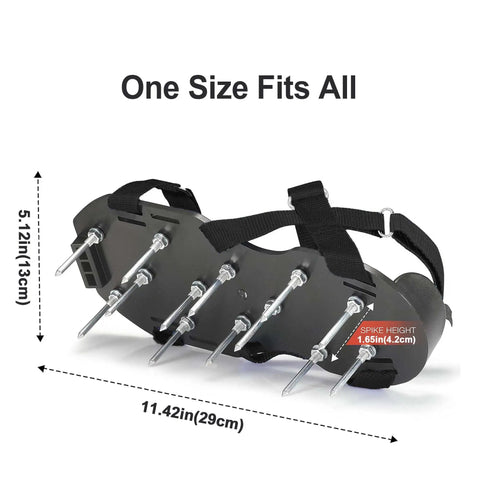 One Size Fits All Lawn Aerator Shoes With Heavy Duty Spikes And Velcro Straps shown in side view with dimensions