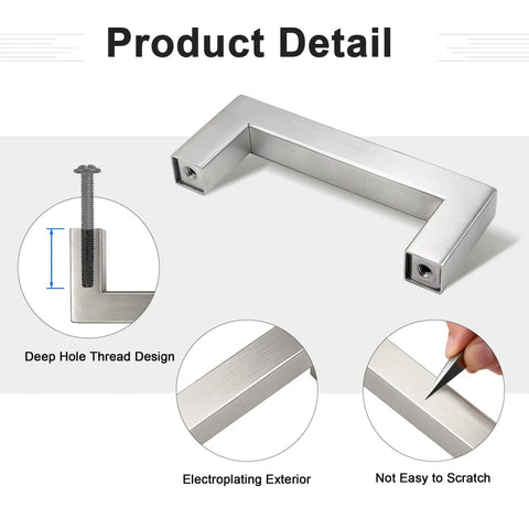 Three Inch Hole Center Cabinet Pulls In Brushed Nickel, showing deep hole thread, electroplating, anti-scratch features.