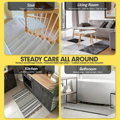 Four areas in home with Four Pack Non Slip Rug Tape For Hardwood Floors And Tiles, Heavy Duty, Double Sided Adhesive Carpet Tape visible.