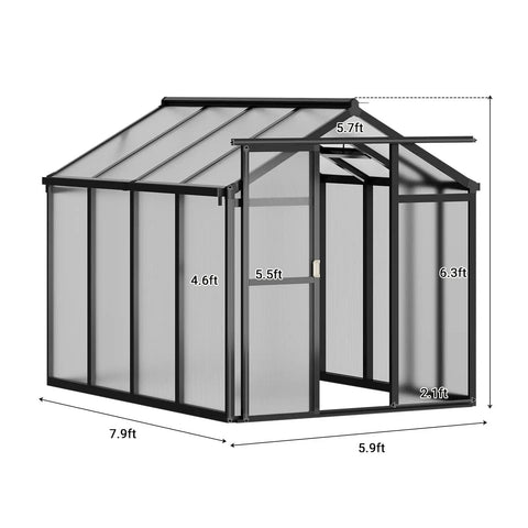 6x8 Ft Greenhouse Kit With Aluminum Frame, Polycarbonate Panels, Walk In Design, Adjustable Roof Vent, Sliding Door, Secure Lock, Sturdy Outdoor Garden Patio Backyard Shelter