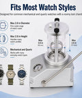 Pro Grade Watch Underwater Pressure Tester 0.3-0.6 Bar with aluminum frame, rubber seals, and watches on display