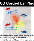 Packaging of E A Rsoft FX 312-1260 Disposable Foam Ear Plugs, 200 Pairs Per Box, Corded, NRR 33, with poly bag and orange neck cord.