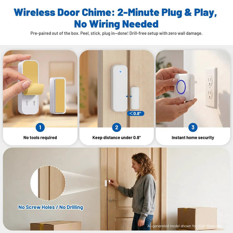 Wireless Door Sensor Alarm Chime For Home And Biz, Instant Door Open Alerts, Ideal For Toddler Safety And Dementia Care, Easy Setup For House Store Office Security, Peace Of Mind on door frame with plug-in receiver