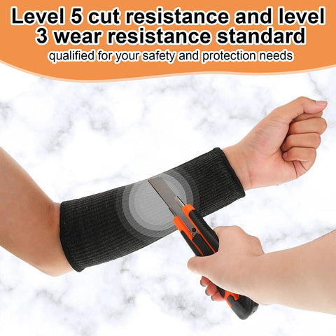 4 Pack Forearm Sleeves For Thin Skin Anti Cut Burn Resistant Covers worn on an arm, showing black sleeve resisting a knife cut