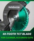 Close-up of 10 Inch Single Bevel Compound Miter Saw With 15 Amp Motor For Fast Clean Pro Grade Cuts showing 40T miter blade