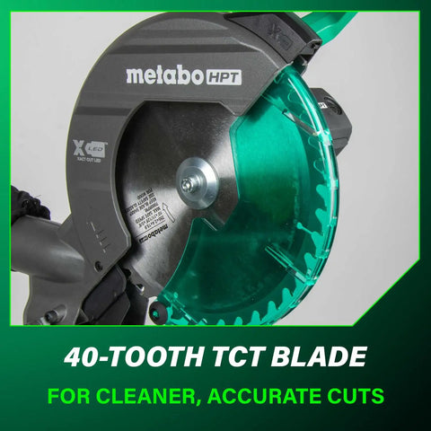 Close-up of 10 Inch Single Bevel Compound Miter Saw With 15 Amp Motor For Fast Clean Pro Grade Cuts showing 40T miter blade