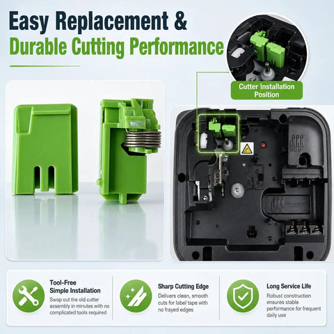 Genuine Cutter Head Replacement For Brother Pt-E100, Pt-D200, Pt-D210 Label Makers showing green cutter assembly and installation position.