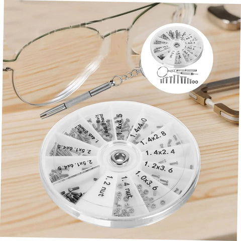 Eyeglass Repair Kit With Screws And Precision Screwdriver For Glasses Sunglasses And Watches The All In One Tool For Easy Quick Fixes At Home Or On The Go, shown with compartmentalized screws and screwdriver on a wooden surface.
