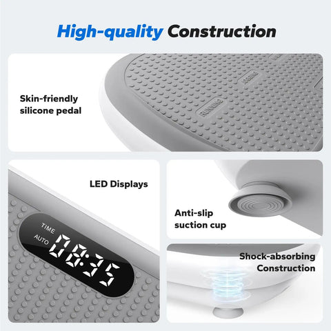 Close-up of Vibration Plate Exercise Machine with skin-friendly silicone pedals, LED display, anti-slip suction cup, and shock-absorbing construction
