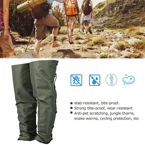 Snake Bite Guard Leg Gaiter built for hiking and camping with reinforced double sailcloth and tough stitching, shown on rugged trail.